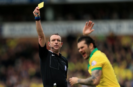 Two goals and now a yellow card from referee Carl Boyeson for Norwich City's Bradley Johnson.