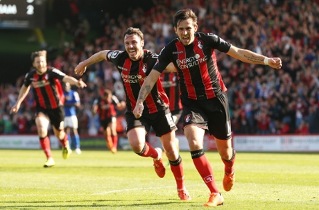Charlie Daniels celebrates after scoring the fourth goal and Bournemouth move back to the top of the table.