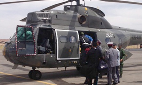 A helicopter taking part in the rescue operation for the three Spanish cavers lost in the High Atlas mountains, Morocco. One of the Spanish cavers said the helicopter should have been sent out sooner. 