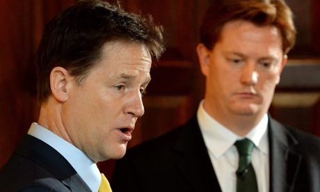 Nick Clegg briefs the media on Tuesday morning as chief secretary to the Treasury Danny Alexander looks on.