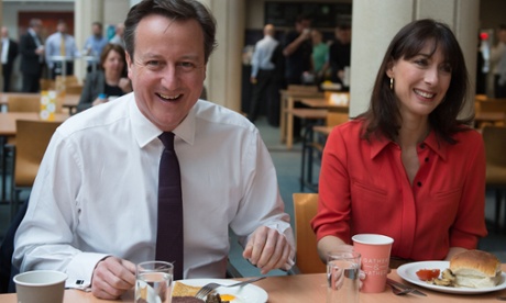 David Cameron and his wife Samantha have breakfast with staff at the Scottish Widows headquarters in Edinburgh.