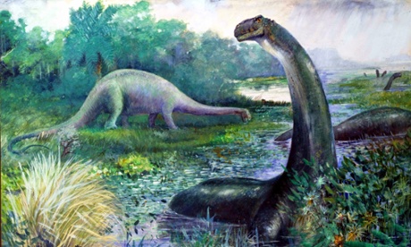 A painting from 1897, depicting Brontosaurus as semi-aquatic animal, with Diplodocus in the background.