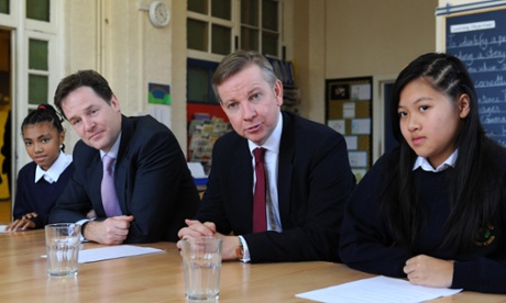 Deputy prime minister Nick Clegg and then education secretary Michael Gove with pupils at Durand Academy school, London, in 2012.