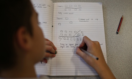 school student writing in exercise book