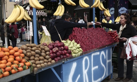 A fruit market in central Athens. Authorities say the country has been hard hit by the Russian embargo.