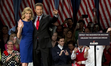 Rand Paul and his wife Kelley onstage in Louisville to announce his presidential campaign.