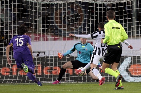 Alessandro Matri #32 of Juventus FC scores the opening goal.