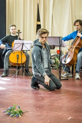 Jamie Cameron, Jack Farthing and Harry Napier rehearsing Carmen Disruption at the Almeida theatre, London.