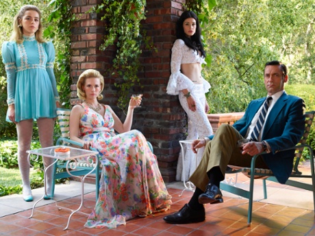 Kiernan Shipka as Sally Draper, January Jones as Betty Francis, Jessica Pare as Megan Draper and Jon Hamm as Don Draper - Mad Men series 7