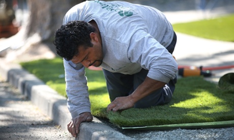 Artificial turf is installed in front of a home in Burlingame, California.