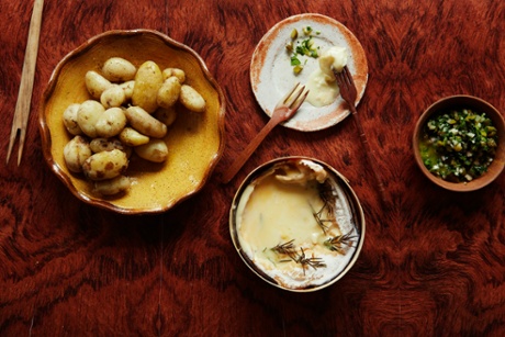 A baked Vacherin Mont d’Or, with new potato dippers, and a side of crunchy salsa.