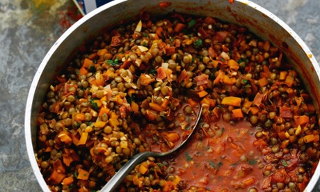 Hake with pardina lentils, white wine, serrano ham and pimenton.