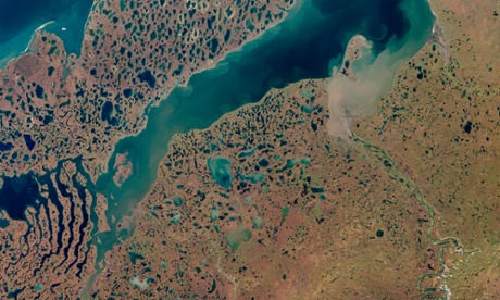 Smaller lakes pepper the landscape around Liverpool Bay and Tuktoyaktuk Peninsula, Canada