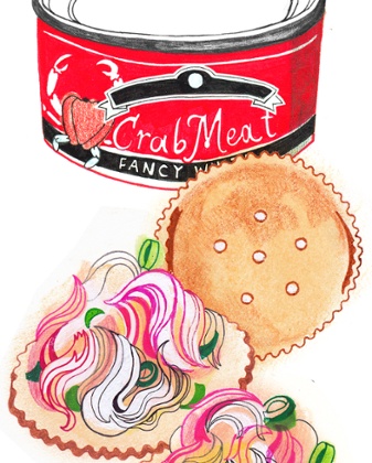 An illustration showing a tin of tinned crab and an open sandwich next to the tinned crab with onions and something green among the onions.
