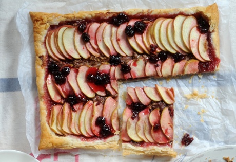 Ruby's apple, cherry and hazelnut-butter tart: buttery puff pastry, hazelnut, sweet apple, melting cherry jam.