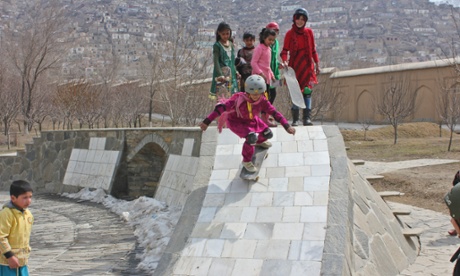 Children participating in the Skateistan project skateboard in Kabul.