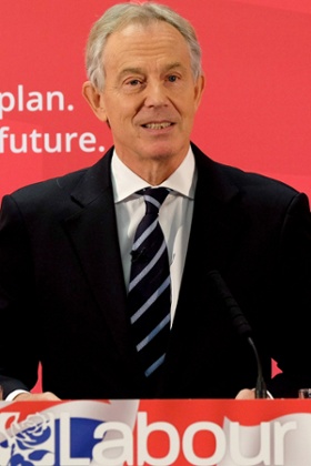 Former Prime Minister and MP for Sedgefield Tony Blair gives a speech to waiting party members ahead of a visit to the construction site for the new Hitachi Trains Europe factory on April 7, 2015 in Sedgefield, England. The visit came as part of Labour's campaign build up ahead of the General Election on May 7 which is predicted to be Britain's closest national election.