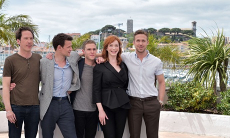 Gosling promotes Lost River in Cannes with his stars, May 2014.