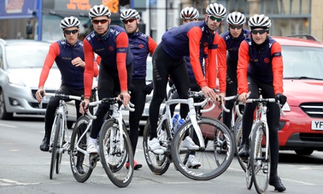Team Wiggins riders with Andy Tennant, centre, during a training ride in York, ahead of the Tour de Yorkshire which starts on Friday.