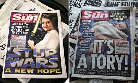 The English and Scottish front pages of the Sun showing its different endorsements for the election