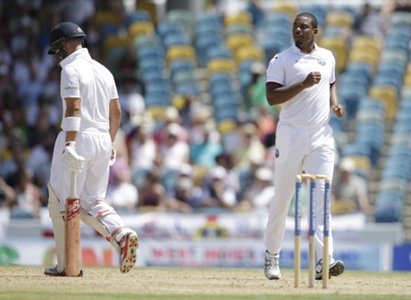 Trott walks after being caught off the bowling of Shannon Gabriel. He faced just three balls.