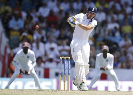 Alastair Cook dispatches a ball from Jerome Taylor.