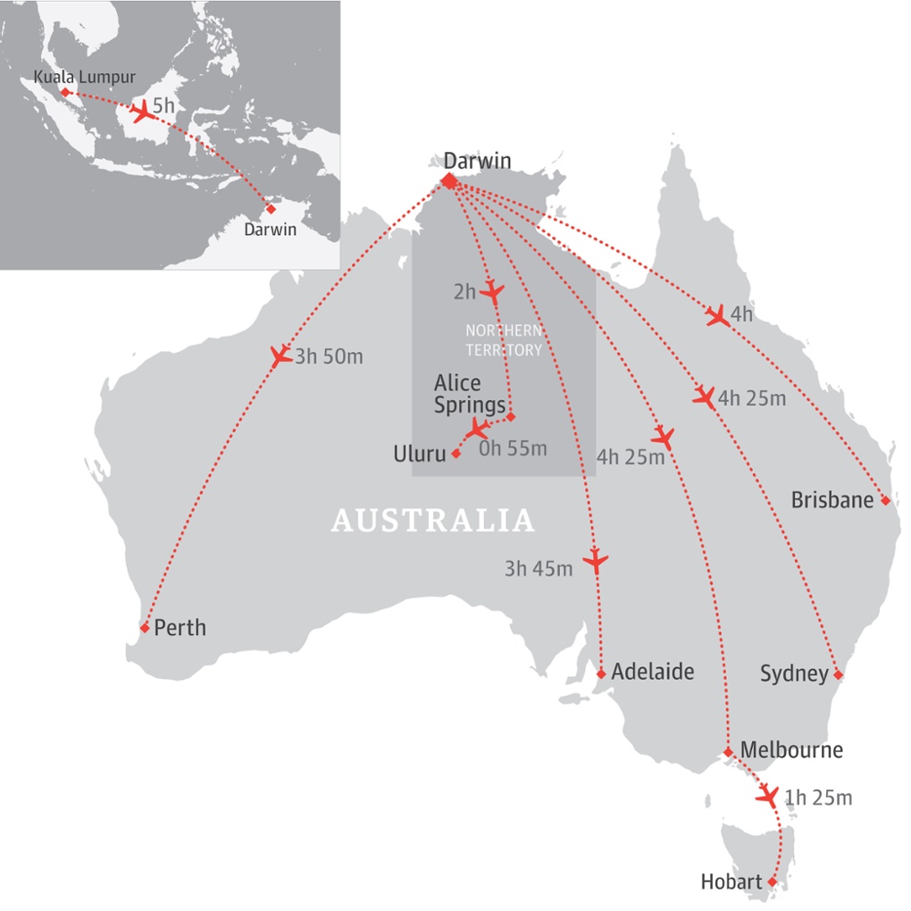 Map of Australia with flight times