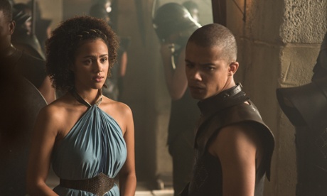 Nathalie Emmanuel as Missandei and Jacob Anderson as Grey Worm.