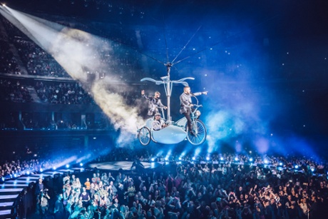 ‘Flying in a heli-trike-cum-sidecar’: Take That in Glasgow last week.