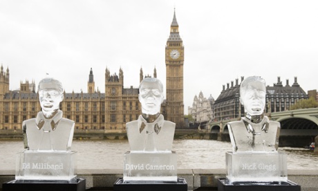 Ice sculptures of the three main party leaders in front of the Houses of Parliament.