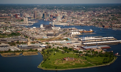 Aerial view of Ft. McHenry and the Baltimore skyline.