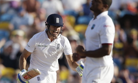 Alastair Cook celebrates scoring a century, his first since May 2013.
