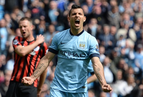 Aguero celebrates his hat-trick.