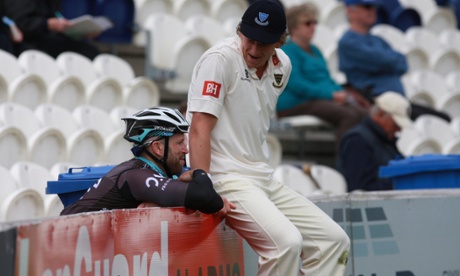 Sussex bowler Matt Hobden chats with Sussex wicketkeeper Matt Prior, who has popped in on his bike.