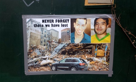 A sign remembering Moises Ismael Locón Yac and Nicholas Figueroa at the place where they were killed by a gas explosion.