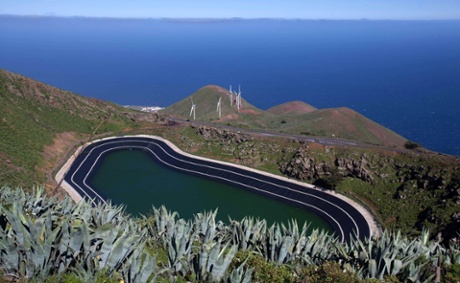 General view of the upper reservoir of the Gorona power station on the Spanish Canary island of El Hierro on March 28, 2014. El Hierro on June 27, 2014 inaugurated a hydro-wind power plant that will enable it, in the coming months, to become the first island in the world to be 100% self-sufficient in electricity from generated from renewables.
