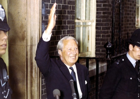 June 1970: Conservative Party leader Edward Heath as he gives a cheery wave from the doorway of No. 10 Downing Street, London following his party's victory in the General Election.