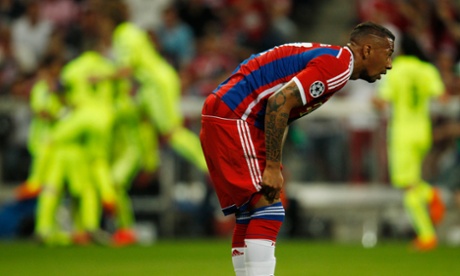 Bayern Munich's Jerome Boateng has a look of complete disbelief on his face.