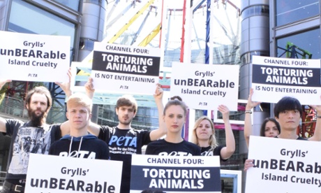Protesters complain outside Channel 4 about The Island with Bear Grylls. 