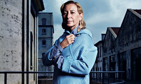 Miuccia Prada outside her foundation's new exhibition complex in Milan designed by Rem Koolhaas.