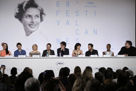 The Cannes jury in full: Rossy de Palma, Xavier Dolan, Sienna Miller, Ethan Coen, Joel Coen, Sophie Marceau, Jake Gyllenhaal, Rokia Traore and Guillermo Del Toro from left to right.