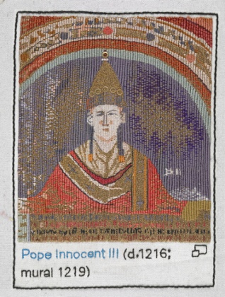 Pope Innocent III stitched by Anthea Godfrey, of the Embroiderers' Guild.