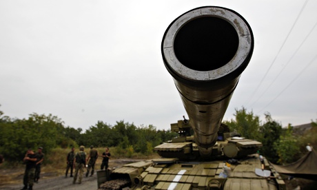 A Ukrainian army tank at a checkpoint in Donetsk, Ukraine