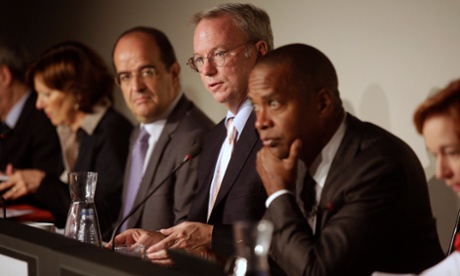 Google chief Eric Schmidt (centre) in Madrid, leading a public consultation on the corporation’s ‘right to be forgotten’ European tour.