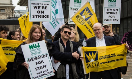 NUJ and Bectu members, including a Simon Cowell lookalike, protest outside the ITV annual general meeting