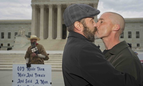 Married couple Joe and Frank Capley-Alfano of California, kiss in front of the US supreme court in April.