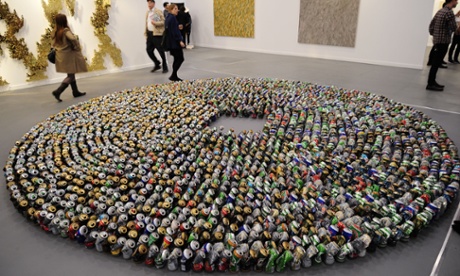 An artwork at Frieze New York made with hundreds of crushed beer cans.
