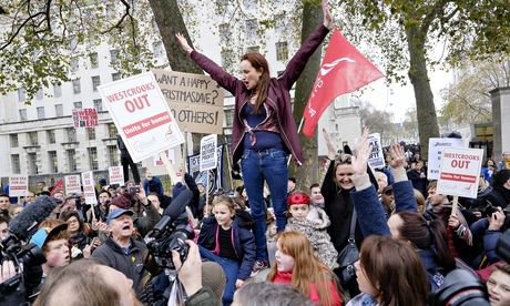 Lindsey Garrett delivers a speech opposite Downing Street as part of the campaign over the New Era e