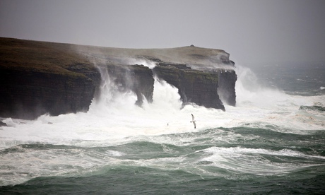 Storm force winds as waves batter Orkney's coast,