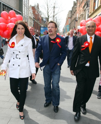 Liz Kendall on the campaign trail with Eddie Izzard and Keith Vaz in Leicester in 2010.